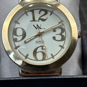 Via Nova Womens Gold Tone Cuff Watch White Dial AG 8838-02-LH Tested
